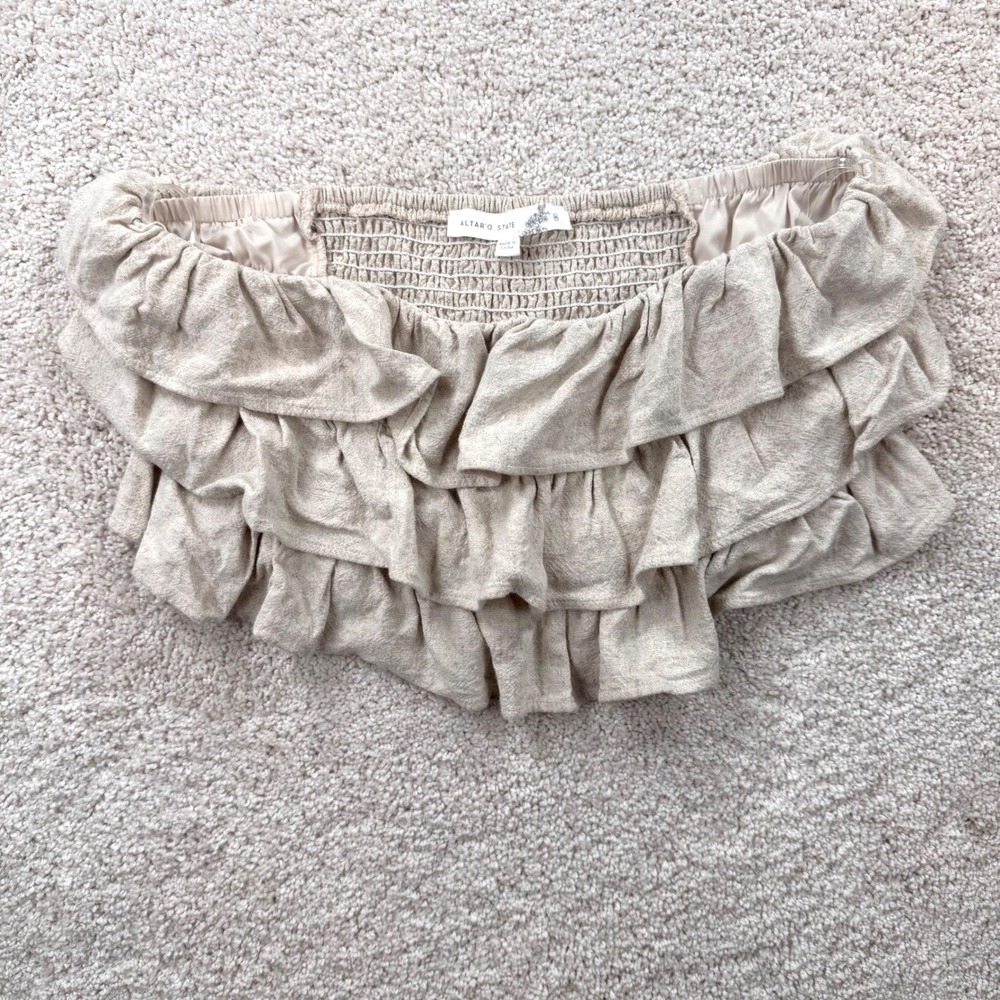 Altar'd State Oatmeal Beige Linen Blend Ruffle Smocked Tube Top Medium Strapless